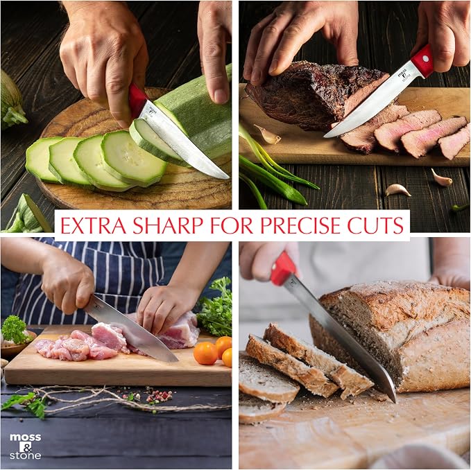 Moss & Stone Red 14 Pcs Kitchen Knife Set with Block, Stainless Steel | Premium forged kitchen knives with high-carbon sharp blades, ergonomic handle, rust-resistant knife block set for home & chef