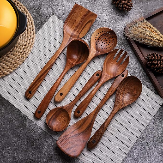 Wooden Non-Stick Kitchen Pan Toolset 7 Pieces Set, Natural Kitchen Utensils Spatula, Wooden Cooking Utensils Spoons, Fried Spatula and Salad Fork