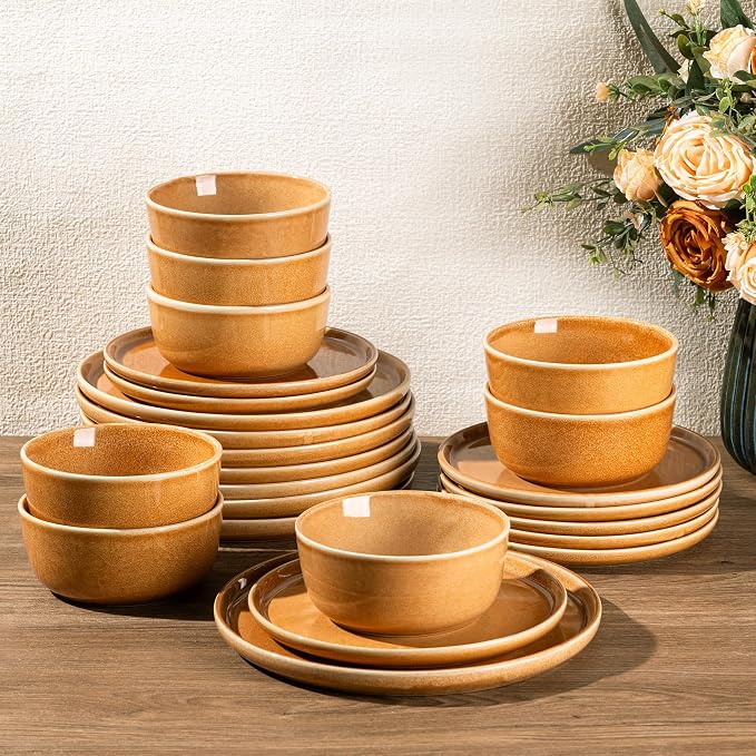 GBHOME Dinnerware Sets for 8, 24 Pieces Ceramic Plates and Bowls Set | Scratch Resistant Stoneware Dishes Set, Dishwasher & Microwave Safe, Reactive Glaze-Amber