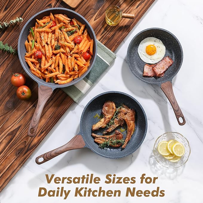 SENSARTE Nonstick Frying Pans, Grey(8+9.5+11 Inch) | Swiss Granite Coating, Free of PFOA&PFOS, Compatible with All Stoves Including Induction Cooktops, Easy to Clean