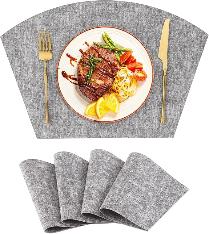 Homaxy Wedge Faux Leather Placemats for Round Table, Set of 4, Light Grey | Waterproof Wipeable Washable Table Mats, Easy to Clean Anti-Slip Place Mats, 11.8" x 17"