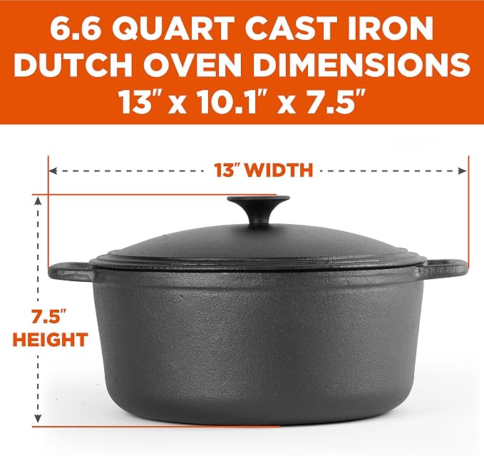 Commercial Chef 6.6-Qt. Dutch Oven, Pre-Seasoned Cast Iron, CHCI660 | Integrated Handles, Works on All Cooktops Including Induction, Outdoor Cookware for Campfires or Grills