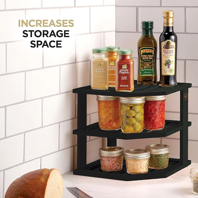 Black Plate Organizer for Cabinet - 3 Tier Bamboo Corner Cabinet Organizer Shelf for Plates Bowls Mugs Cups, Kitchen Cabinet Organizer, Cabinet Shelf Organizer, Countertop Rack, 10 x 10 x 9.5 Inch