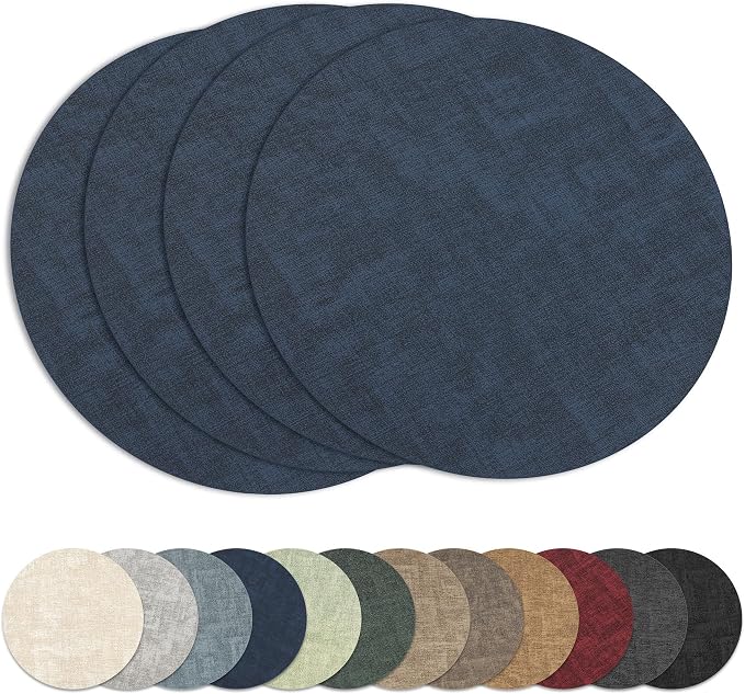 13" Round Placemats Set of 4, Reversible Faux Leather Wipeable Table Mats | 2mm Vinyl Heat Resistant, Waterproof Oilproof Scratch Proof Non-Slip, Washable for Kitchen Dining Indoor Outdoor (Navy Blue)