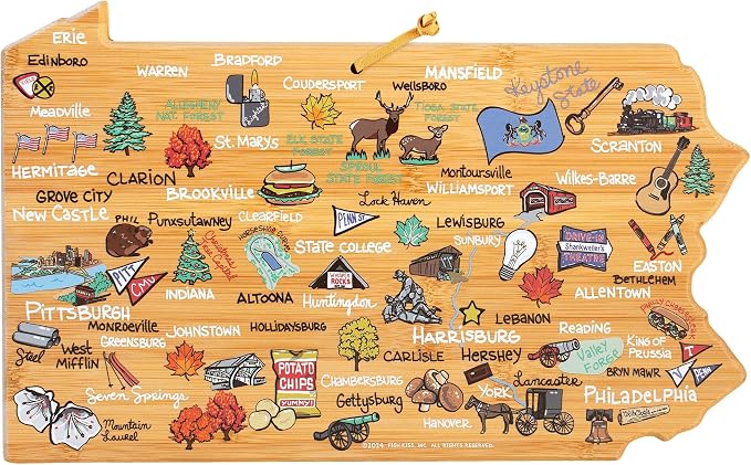 Totally Bamboo Pennsylvania State Shaped Cutting Board, Art by Fish Kiss | State charcuterie board with colorful hand-drawn map artwork. Smooth reverse side for food prep. Hang tie for wall display.