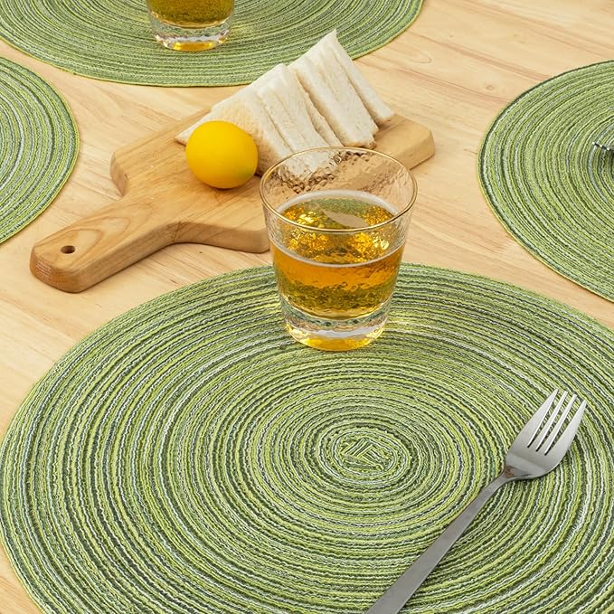 Winknowl Round Braided Placemats Set of 6 Washable Woven Heat Resistant Table Mats for Kitchen Dining Tables 15 inch Round Place Mats (Pea Green,6)