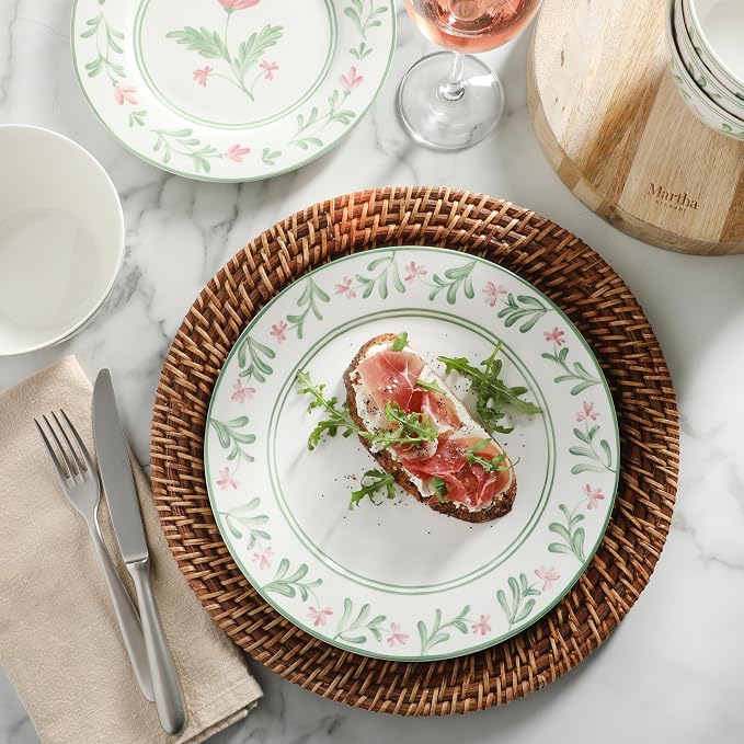 Martha Stewart Maiden Crown Plates and Bowls Sets, 12-Piece New Bone China Dinnerware Sets, Botanical Floral Design Dish Set, Microwave & Dishwasher Safe