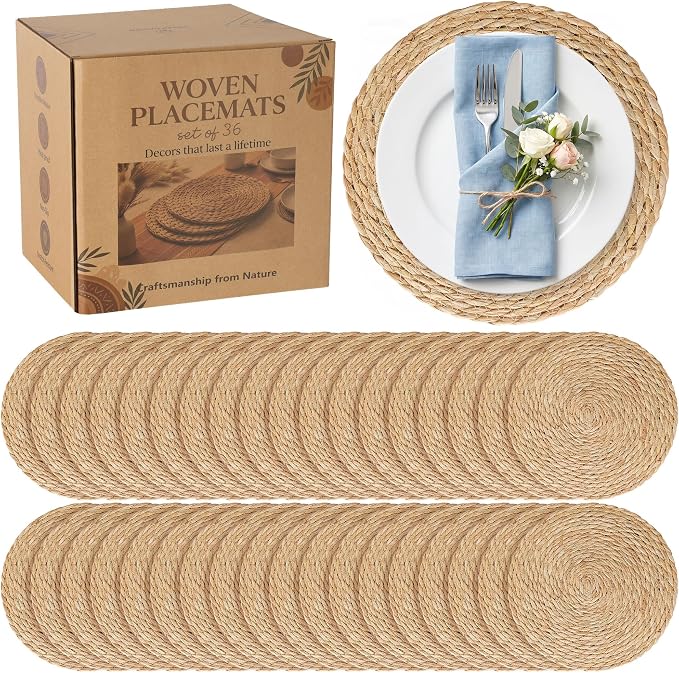36 Pack 12IN Round Woven Placemats, Natural Bulrush Boho Farmhouse Mats | Heavy-duty hand-woven wicker mats for dining table, kitchen, patio BBQ, garden party. Flat-packed storage box. Rustic decor.