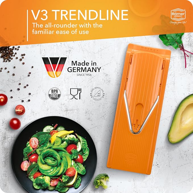 Mandoline Food Slicer Börner V3 (Profi Set) by Reston Lloyd • V-Slicer with 4 Inserts, Docking Station & Food Holder • Made in Germany • Fruit & Vegetable Chopper • Multiple Settings • Color: Orange