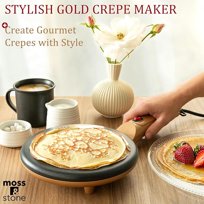 Moss & Stone Gold Electric Crepe Maker, 8" Portable Nonstick Crepe Pan | Nonstick dipping plate, auto shut-off, on/off switch, even heating, automatic temperature control, compact design