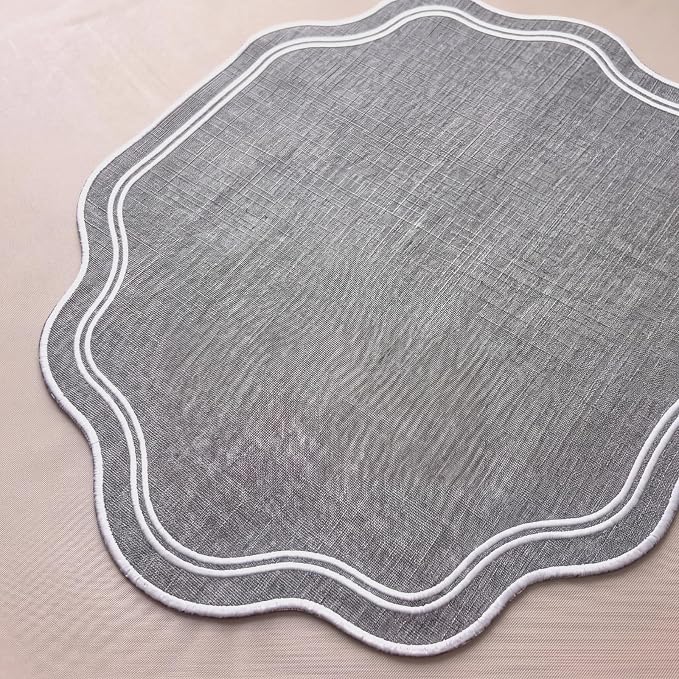 6 Pcs Gray Wedding Placemats Scalloped Embroidered Cotton Linen Placemats 17" x 13" Double Layered Machine Washable Table Place Mat for Party Table Decor (Cotton)