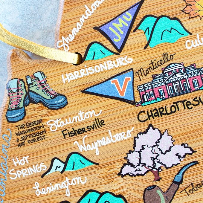 Totally Bamboo Virginia State Shaped Cutting Board, Art by Fish Kiss | State charcuterie board with colorful hand-drawn map artwork. Smooth reverse side for food prep. Hang tie for wall display.