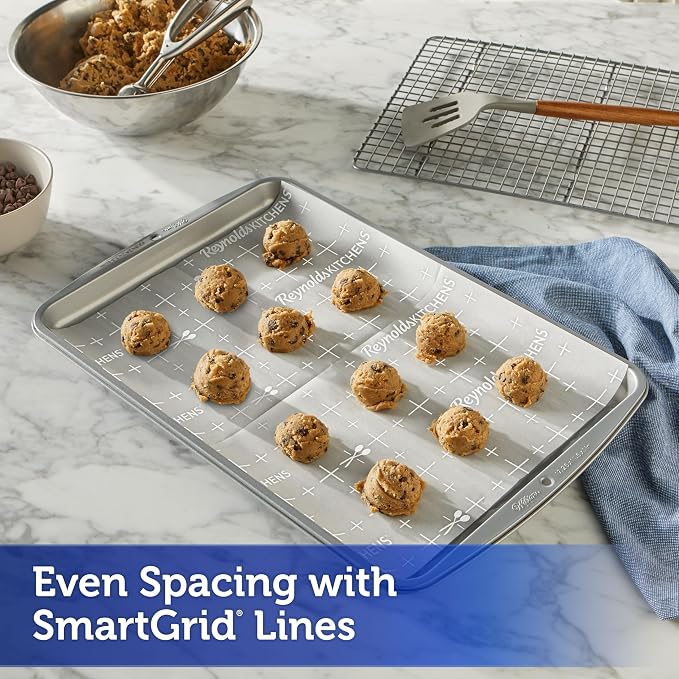 Reynolds Kitchens Parchment Baking Sheets, 25 Sheets (Pack of 4), 100 Total | Pre-cut parchment cookie baking sheets, Non-stick, Smart-grid lines for even spacing of cookies, Use up to 3 times