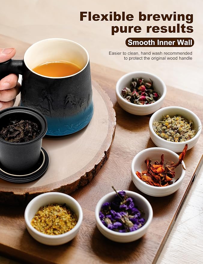 suyika Ceramic Tea Cup with Infuser and Lid, Matte Black 15.2 oz / 450 ml | Gradient Embossed, Large Tea Mug, Wooden Handle
