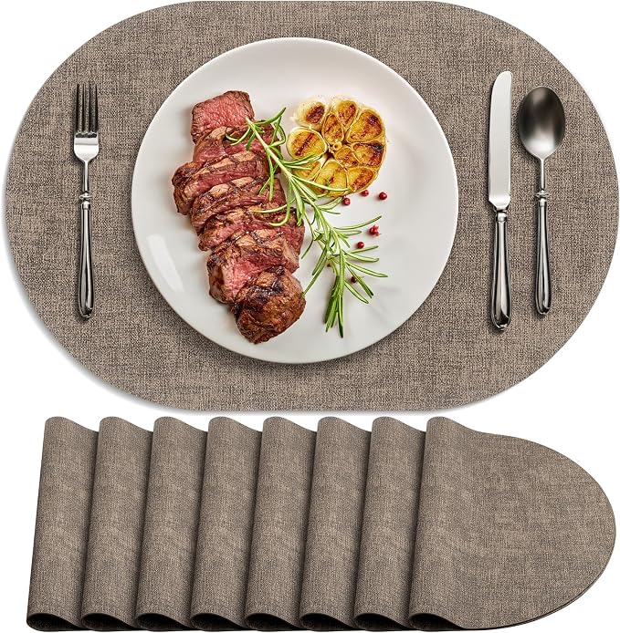 Placemats Set of 8 - Washable Heat Resistant Table Placemats - Wipeable Faux Leather Oval Place Mats, Waterproof Table Mats for Dining Table, Dark Brown