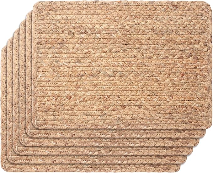 Woven Placemats Set of 6, 17" x 12" Rattan Table Mats, Natural Water Hyacinth Chargers for Dinner Plates, Wicker Placemats for Dining Table, Home, Wedding