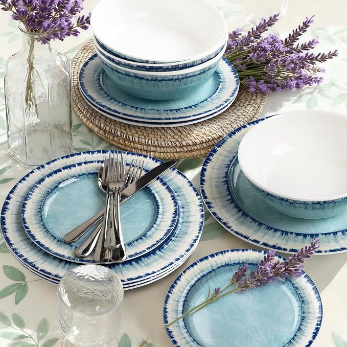 Melamine Dinnerware Set of 12 Pcs Dinner Dishes Set for Indoor and Outdoor Use, Dishwasher Safe, Lightweight Unbreakable, BPA Free, Light Blue