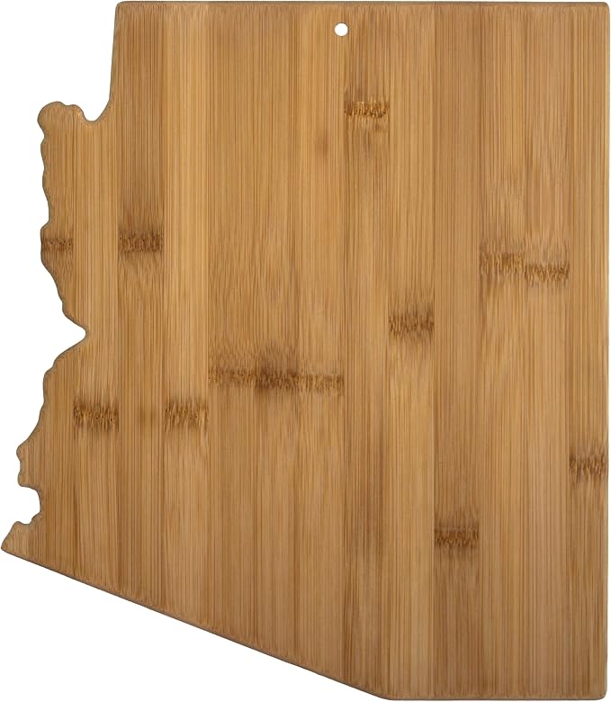 Totally Bamboo Arizona State Shaped Bamboo Serving and Cutting Board | State charcuterie board with natural bamboo grain. Knife-friendly surface for food prep. Hang tie for wall display.