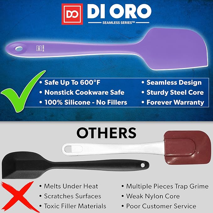 DI ORO Silicone Spatula Set - 600F Heat Resistant, 3-Pc Lavender | Rubber scraper won't scratch nonstick pans; For baking, cooking, mixing, and frosting; BPA-free and dishwasher safe