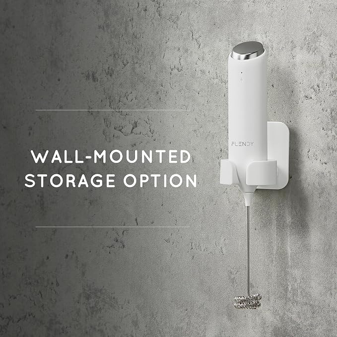 Flendy Rechargeable Milk Frother Handheld with Charging Stand | USB-C Charging Dock, 2 Detachable Double Whisk, Extra Long Mixer Wand, Wall Mount, Top Button, Compact Electric Stirrer