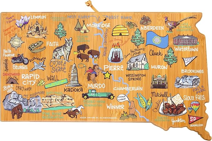 Totally Bamboo South Dakota State Shaped Cutting Board, Art by Fish Kiss | State charcuterie board with colorful hand-drawn map artwork. Smooth reverse side for food prep. Hang tie for wall display.