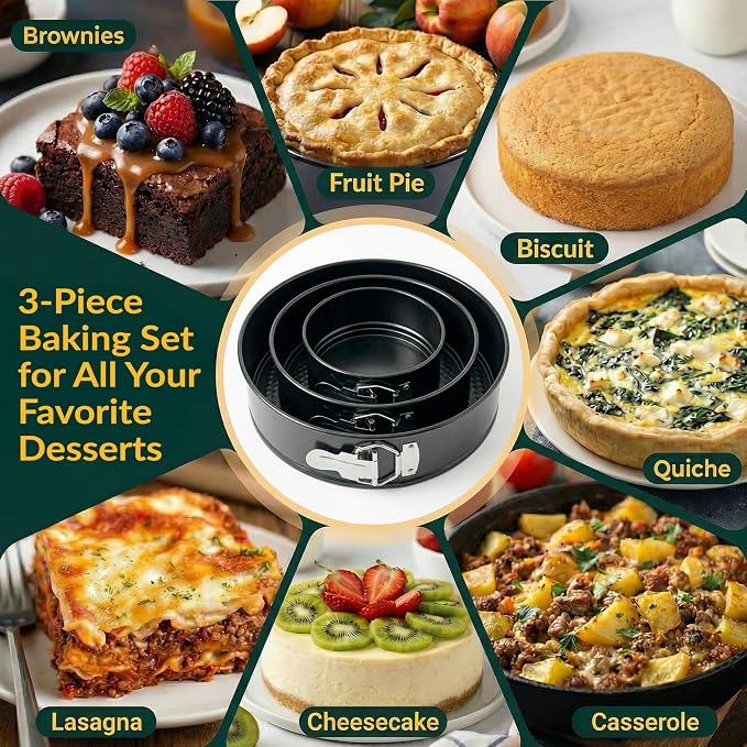 Springform Pan Set of 3, Nonstick Cheesecake Pans 4/7/9" Carbon Steel | Leakproof cake molds with removable bottom & secure latch; even-heat, oven-safe to 450°F