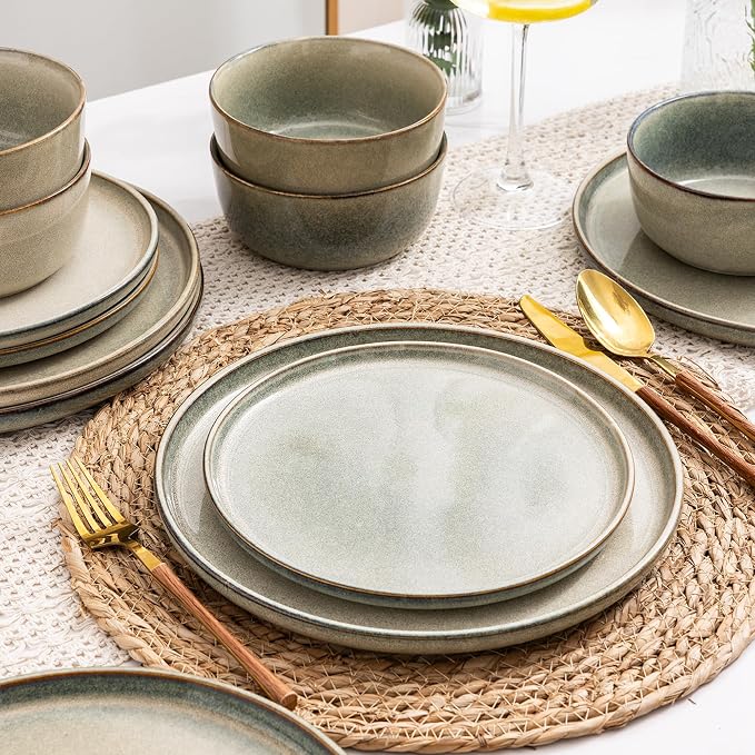 AmorArc Stoneware Dinnerware Sets for 8, 24Pcs Plates and Bowls Sets Dishes | Ceramic Round Reactive Glaze Dishes Set, Highly Scratch Resistant | Dishwasher & Microwave Safe Dishware