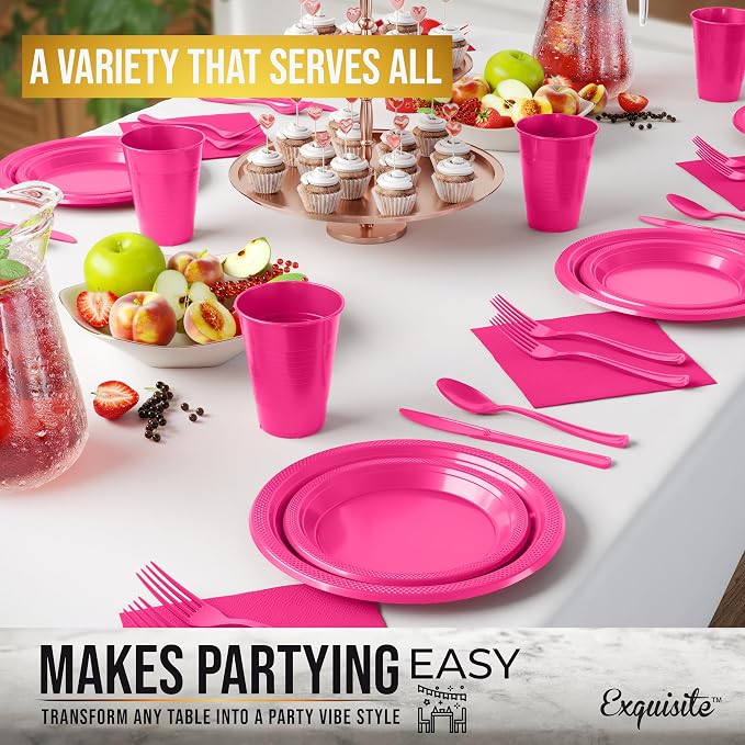 350 Pcs Cerise Plastic Plates For Party, Cerise Disposable Plates Set, 50 Of Each 9" Dinner Plate Set, 7" Dessert Plate, Cups, Napkins & Cutlery Plastic Dinnerware Set Exquisite