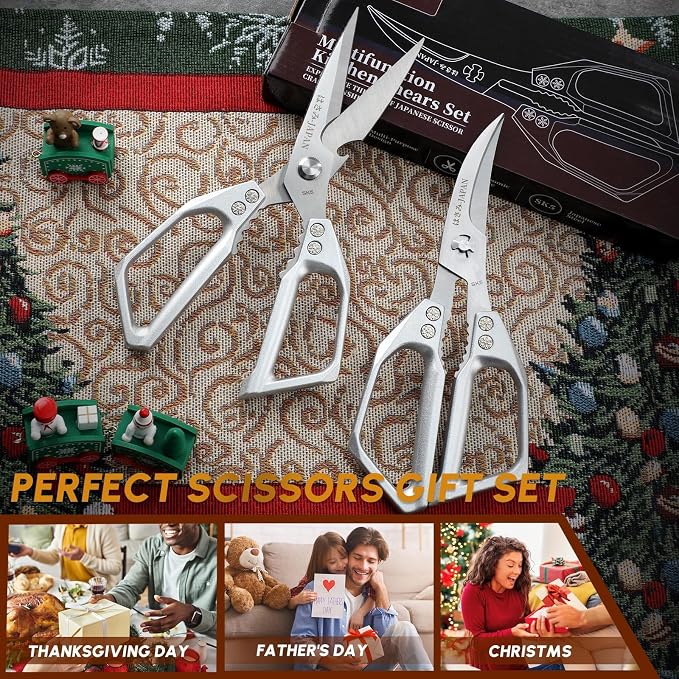 Huusk Kitchen Shears Set Silver - Seafood & Kitchen Scissors Set | Sharp Japanese-Style Cooking Meat Scissors for Crab, Shrimp, Lobster, Herbs and Food Prep, Gifts for Women Men