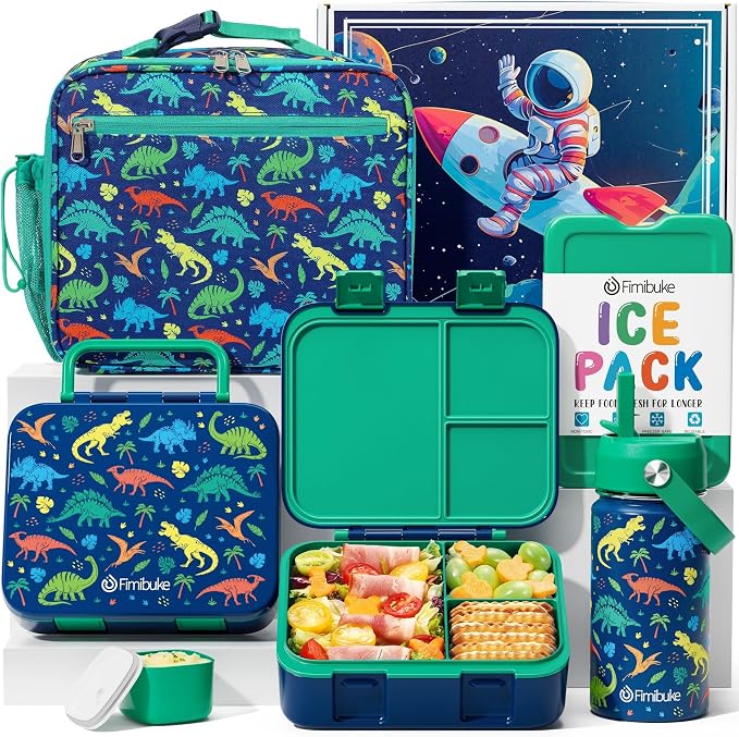Fimibuke Bento Lunch Box for Kids - Toddler Boys Snack Bento Box Container | with 3 Compartments, 14oz Stainless Steel Water Bottle, Insulated Lunch Bag, Ice Pack Set for Ages 3-12 Daycare, Dinosaur