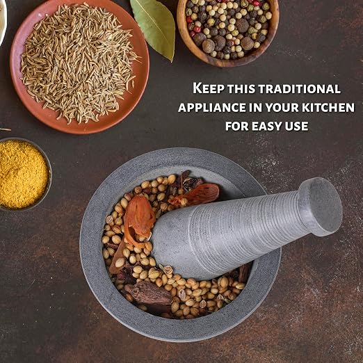 Mortar and Pestle, Made of Heavy Duty Polished Hard Stone, Natural Stone Grinder for Spices, Pastes, Herbs, Seasoning etc. (Rugged, Normal)