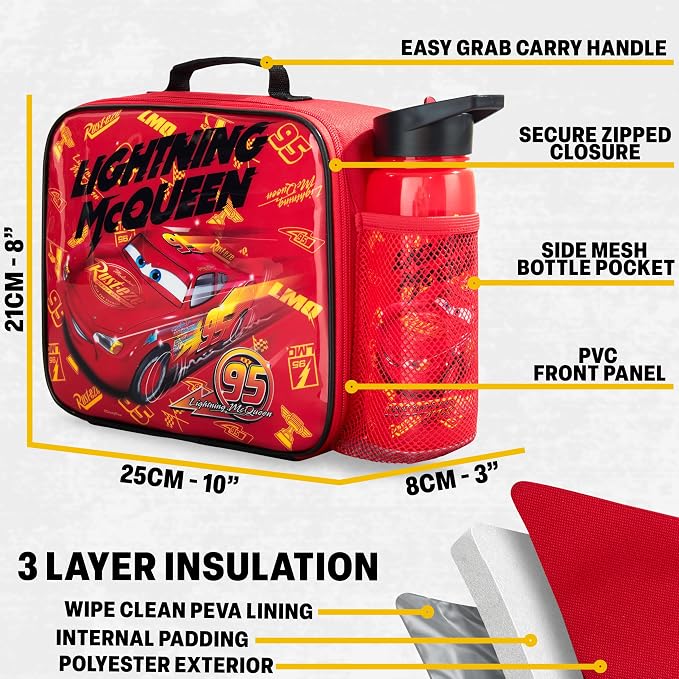 Get Trend Disney Cars Lightning McQueen Lunch Bag, Bento Box & Water Bottle | 3 Pc Set, Insulated Lunch Bag, Lightweight Snack Box, 22 fl oz BPA-Free Water Bottle with Straw, School Picnic Gifts for Boys