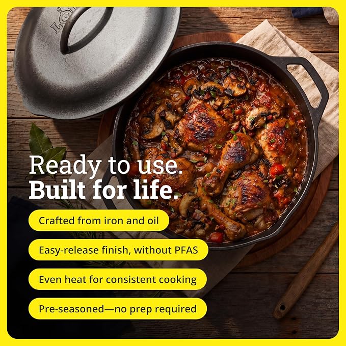 Lodge Cast Iron Dutch Oven 7 Quart - Loop Handle Cooking Vessel - Even Heat Retention - Oven-Safe, Versatile Pot