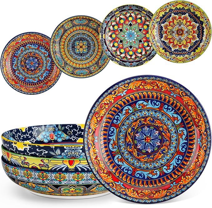 vancasso Pasta Bowls Set of 4, 42oz Ceramic Salad Serving Bowls, Bohemian | 8.7in Colorful Bohemian Bowl Plates for Soup, Shallow Bowls for Kitchen, Microwave & Dishwasher Safe, Stackable, Large