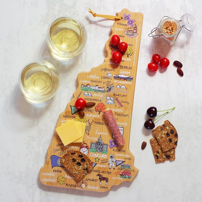Totally Bamboo New Hampshire State Shaped Cutting Board, Art by Fish Kiss | State charcuterie board with colorful hand-drawn map artwork. Smooth reverse side for food prep. Hang tie for wall display.