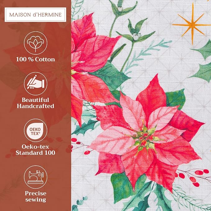 Maison d' Hermine Placemats Set of 4 Reusable 100% Cotton (13"x19") | Cloth Place Mats Washable Table Mats for Kitchen Dining Party Wedding Home Thanksgiving Christmas - Poinsettia Christmas