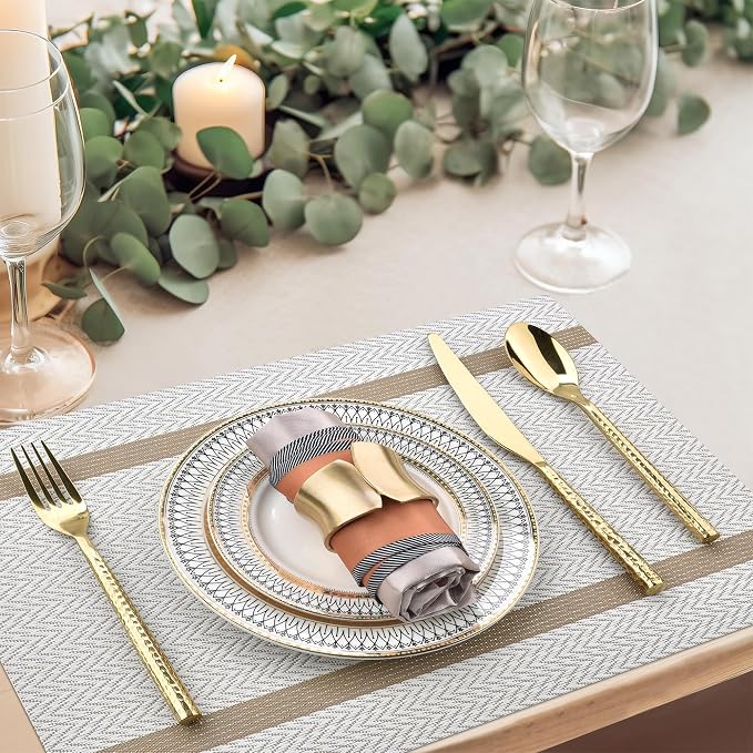 SLKQG Beige White Placemats Set of 8 - Easy Clean Modern Durable Washable Vinyl Place Mats - Heat Resistant Placemats for Kitchen Table - PVC Table Mats for Dining Table (Beige White with Stripes, 8)
