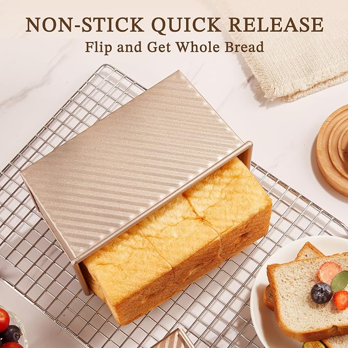 KITESSENSU Pullman Loaf Pan with Lid 2 Pack, 1 lb Dough Capacity Non-Stick Bakeware for Baking Bread, Carbon Steel Corrugated Bread Toast Box Mold with Cover for Baking Bread, Gold