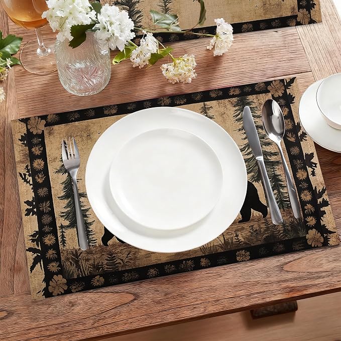Bear Family Cloth Placemats,Vintage Forest Wildlife Heat-Resistant Table Placemats Set of 6, Washable Linen Place Mats for Dining Room Table Decor Home Restaurant Cafes Holiday Party 11.8x17.7 Inch