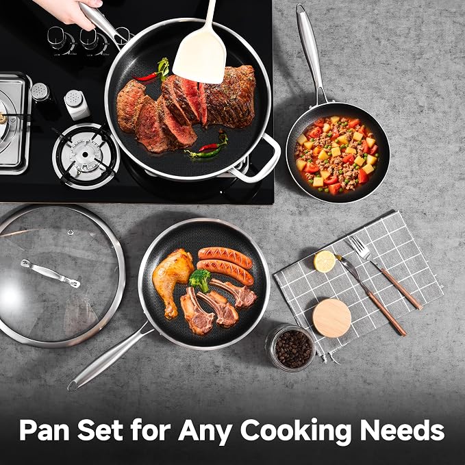 LOLYKITCH 6 QT Saute Pan with Lid & 8-10'' Frying Pans | Detachable Handle | Ceramic Nonstick | Tri-Ply Stainless Steel | Hybrid Cookware Set | Oven & Induction Ready | PFOA-FREE