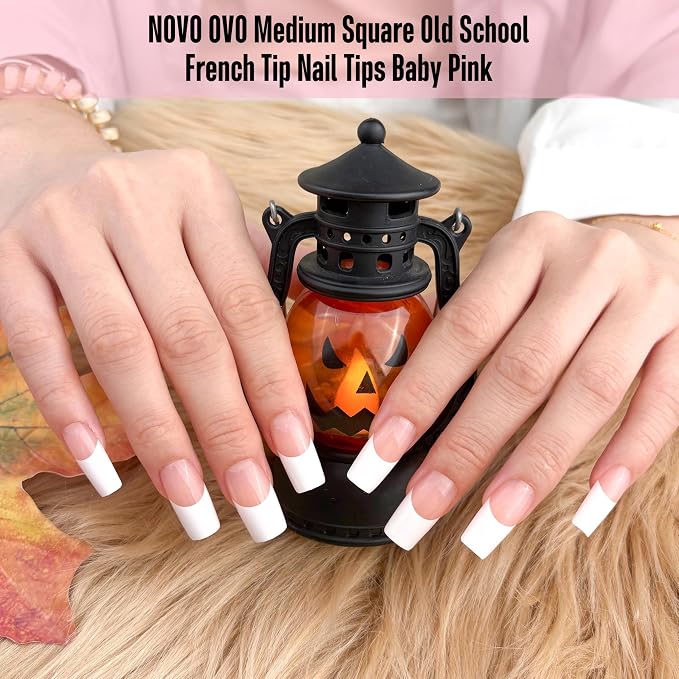 NOVO OVO Old School Retro French Tips Nails Press on, Medium Length Tapered Square BABY PINK, Extra Thick Soft Gel Fake Acrylic Extension, Need Builder Gel, Top Coat, Glue 15 Sizes 240 pcs