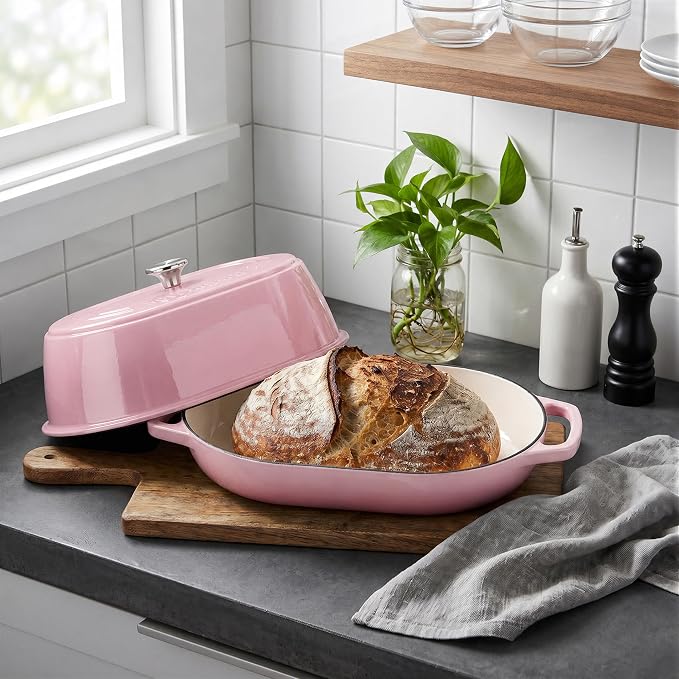 Enameled Cast Iron Dutch Oven Pot with Dome Lid, Oval Bread Oven for Homemade Sourdough Bread Baking, Oven Safe up to 500°F, 6 Quart, Pink