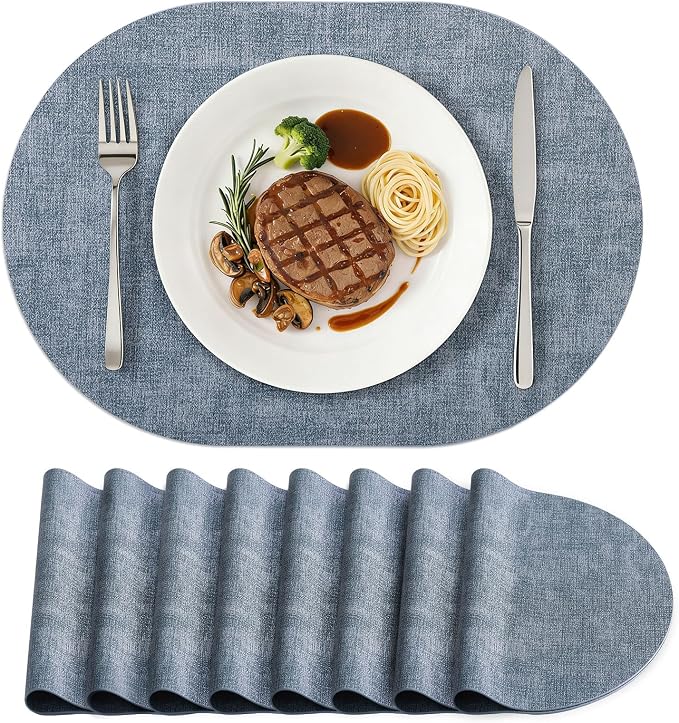 Placemats Set of 8, 11.8 x 17 Inch, Blue | Heat Resistant Oval Faux Leather Place Mats, Waterproof Wipeable Reversible PU Placemat, Indoor & Outdoor