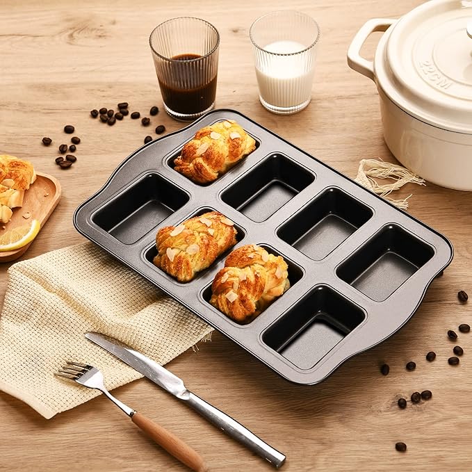 Mini Loaf Baking Pans, Nonstick Small Cornbread Pan, Tiny Banana Bread Pan, Heavy Duty Carbon Steel Brownie Tin, 8-Cavity, Dark Grey