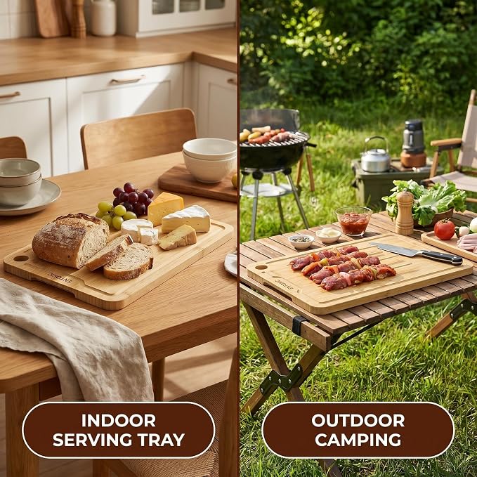 Bamboo Wooden Cutting Board Kitchen Chopping Boards With 3 hooks | Durable carbonized bamboo construction deep juice groove for food prep meat cutting vegetable chopping and daily serving