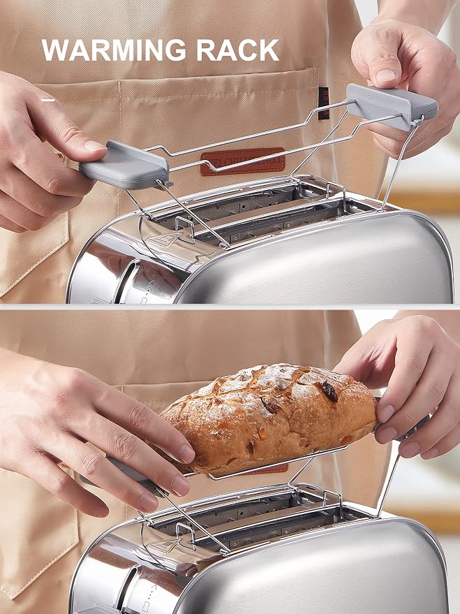 Yabano Retro Bagel Toaster 2 Slice with Extra Wide Slots | 7 Shade Settings, Defrost, Bagel And Cancel Functions, Removable Crumb Tray, Stainless Steel, Silver Finish