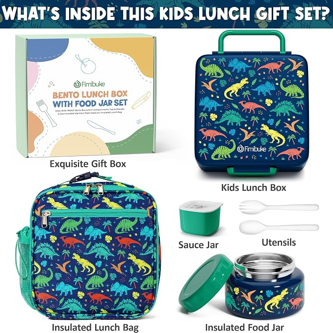Fimibuke 60oz Kids Bento lunch Box with Insulated Lunch Bag & 8.5oz Thermo | Leakproof 3-4 Compartment Toddler Kids Lunch Box Food Container w/ Utensils, Sauce Cup for School Boys Girls, Dishwasher Safe