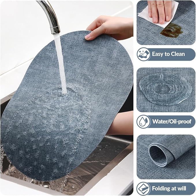 Placemats Set of 6, 11.8 x 17 Inch, Blue | Heat Resistant Oval Faux Leather Place Mats, Waterproof Wipeable Reversible PU Placemat, Indoor & Outdoor