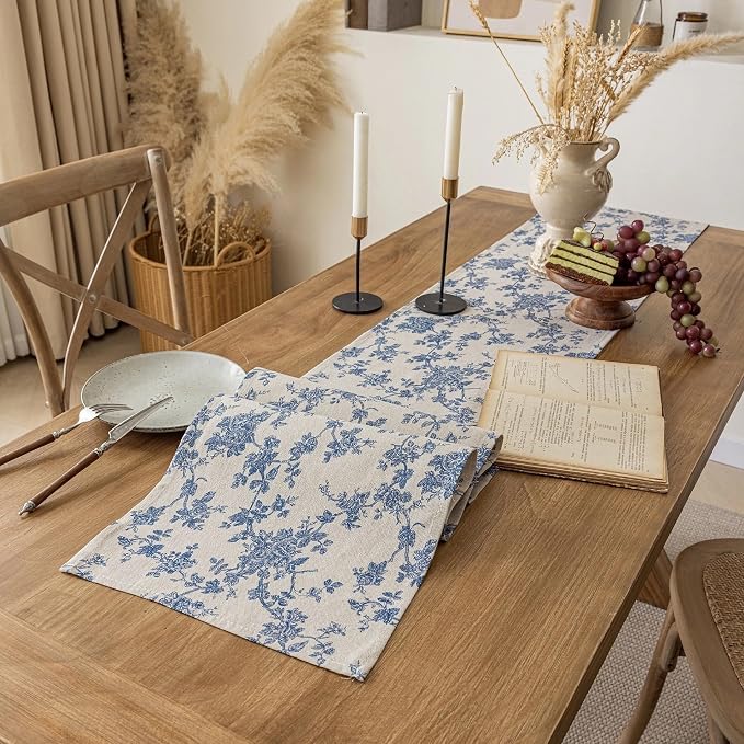 Pastoral Table Runner - 14 x 108 Inch Rectangle - Washable Tabletop with Dust-Proof Wrinkle Resistant for Restaurant, Picnic, Indoor and Outdoor Dining, Floral (Dark Blue)