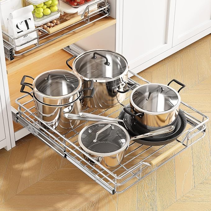 Pull out Cabinet Organizer, 18"W X 21"D, Heavy Duty Smooth Sliding Under Cabinet Shelves for Pots and Pans, Full-Extension Roll out Drawers, Slide out Organization for Home Kitchen Pantry
